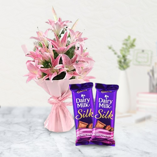 Send Dairy Milk Silk and Pink Lilies Bouquet
