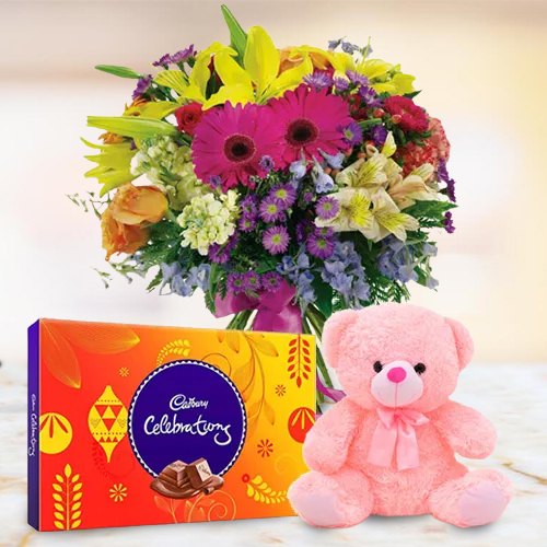 Send Mixed Flower with Cadbury Celebrations N Teddy
