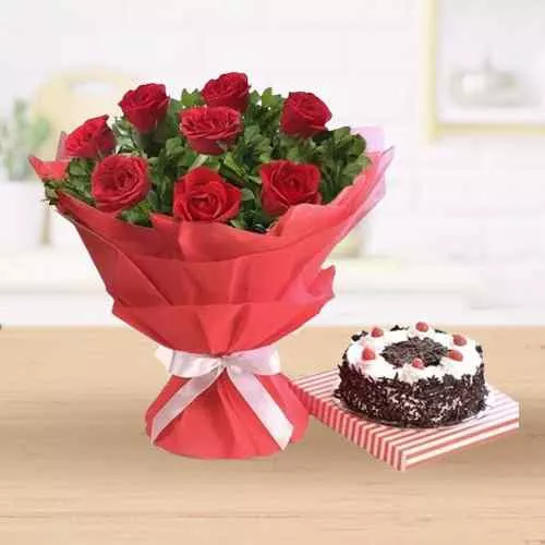 Delicious Black Forest Cake with Red Rose Bouquet