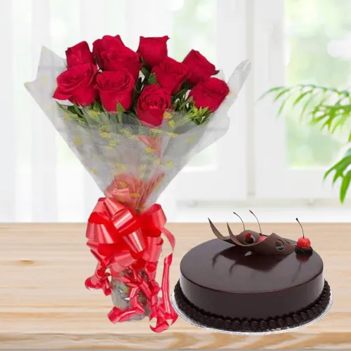 Get Chocolate Cake with Red Rose Bouquet 