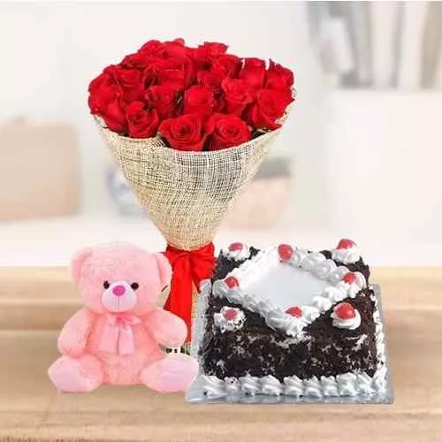 Send Red Roses Bouquet with Black Forest Cake N Teddy 