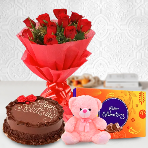 Online Rose Bouquet with Teddy, Chocolate Cake N Cadbury Celebrations