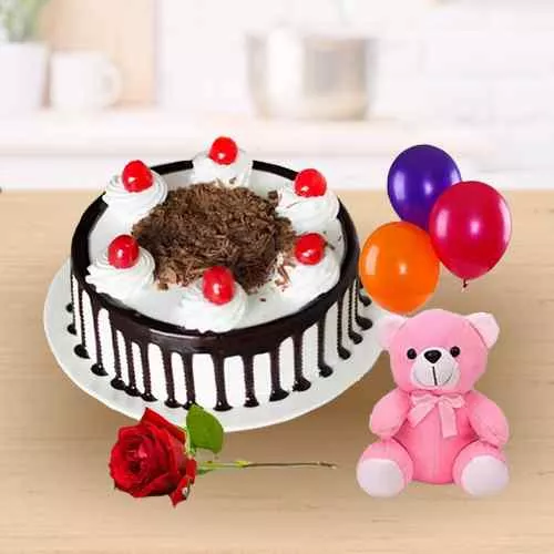 Charming Rose with Black Forest Cake Teddy and Balloons