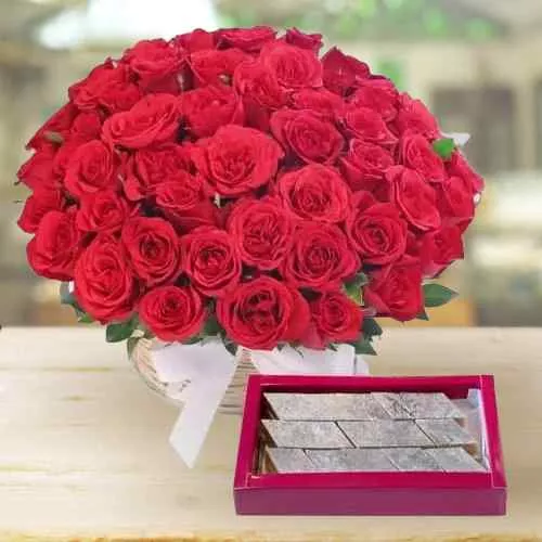 Send Red Roses Basket Arrangement with Kaju Katli 