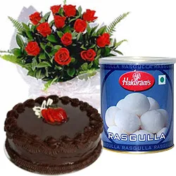 Radiant Red Roses and Rasgulla with Eggless Cake