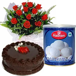 Shop for Red Roses and Rasgulla with Eggless Cake 