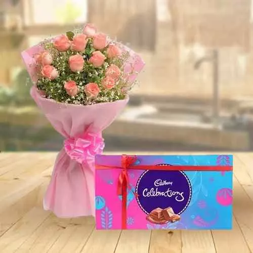 Online Cadbury Celebrations N Pink Roses Bouquet