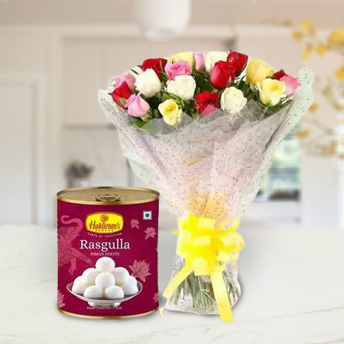 Deliver Mixed Roses with Haldirams Rasgulla