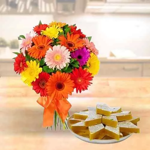 Radiant Mixed Gerberas Arrangement with Kaju Katli
