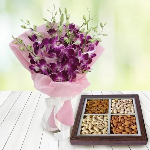 Buy Orchids Bouquet and Dry Fruits for Mothers Day 