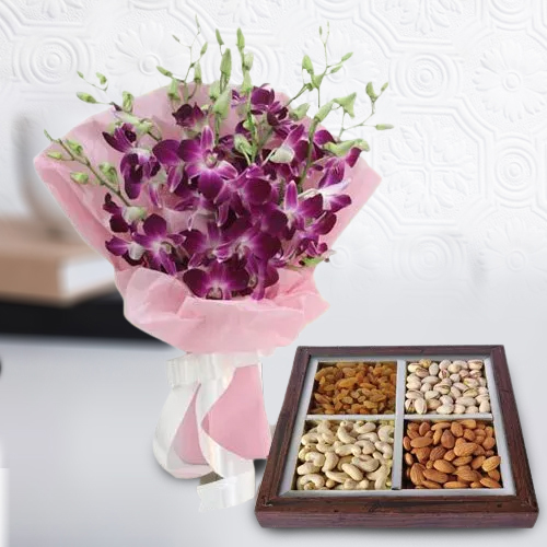 Deliver Orchids Bouquet and Dry Fruits 