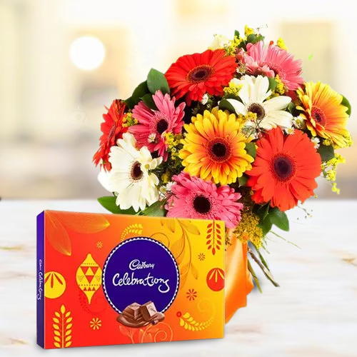 Mouth Watering Cadbury Celebrations with Mixed Gerberas Bouquet