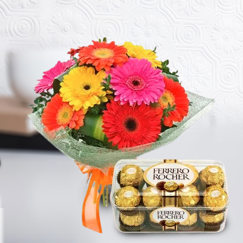 Exotic Ferrero Rocher Chocolates with Mixed Gerberas Bouquet