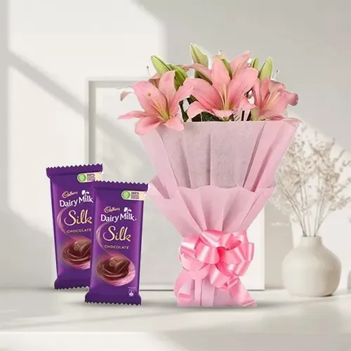 Online Pink Lilies Bouquet and Dairy Milk Silk 