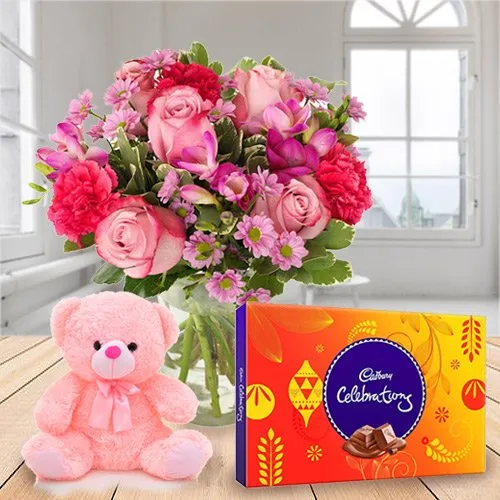 Delicious Cadbury Celebration Mixed Flower N Teddy