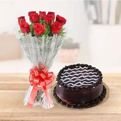 Radiant Red Rose Bouquet with Chocolate Cake