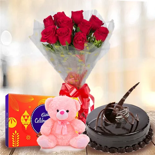 Send Red Roses Bouquet with Cake, Teddy N Cadbury Celebrations Pack