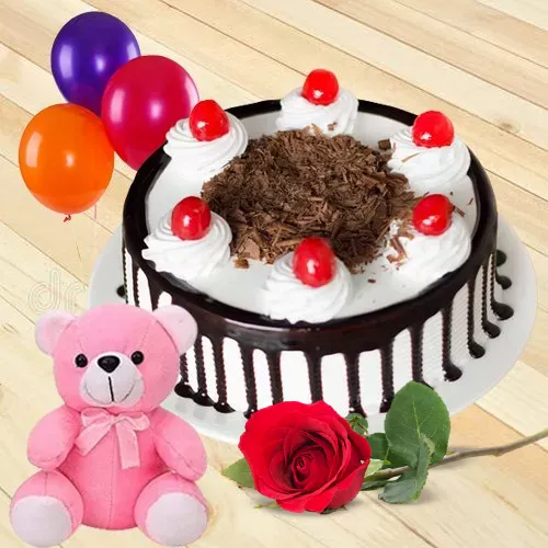 Pretty Single Rose Gift with Fresh Black Forest Cake Teddy and Balloons