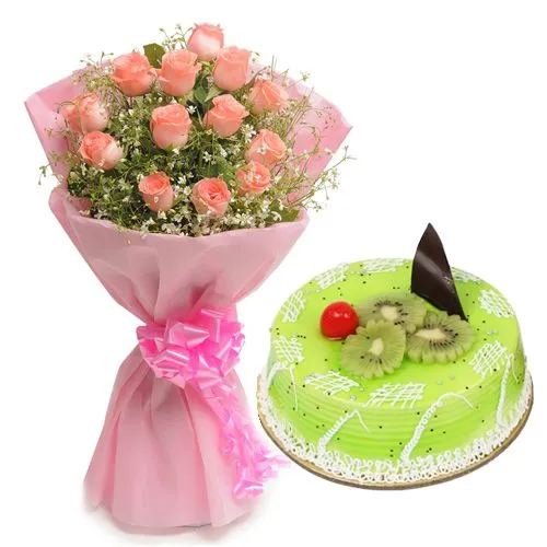 Deliver Bouquet of Pink Roses with Kiwi Cake