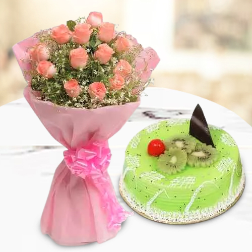 Yummy Kiwi Cake with Red Roses Bouquet