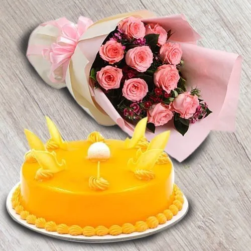 Deliver Pink Roses Bouquet with Mango Cake