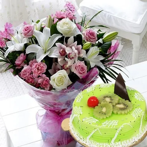 Shop Mixed Flowers Bouquet with Kiwi Cake
