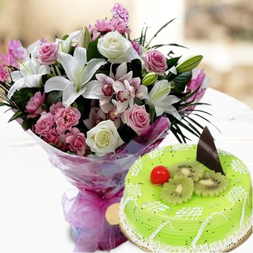 Blooming Mixed Flowers Bouquet with Kiwi Cake