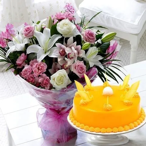 Ship Mixed Flowers Bouquet with Mango Cake