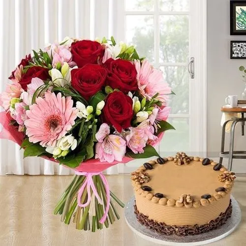 Deliver Mixed Flowers Bouquet N Coffee Cake