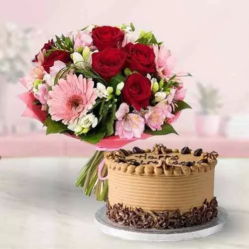 Wonderful Mixed Flowers Bouquet with Coffee Cake