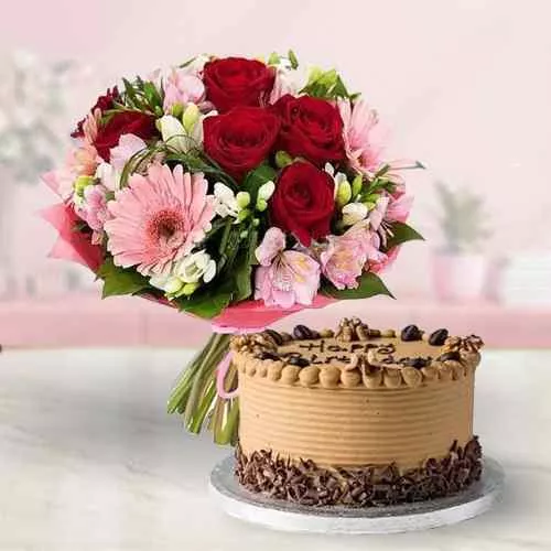 Delightful Combo of Mixed Flowers Bouquet N Coffee Cake