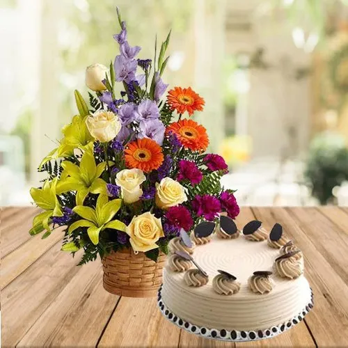 Buy Arrangement of Mixed Flowers with Coffee Cake 