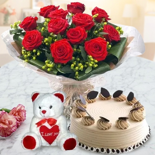 Romantic Gift of Teddy with Coffee Cake N Red Roses Bouquet