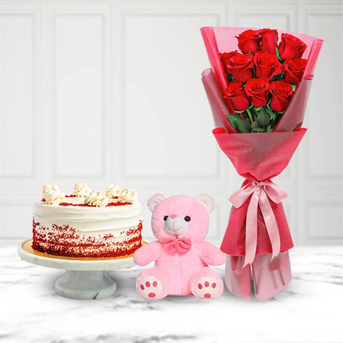 Lavish Selection of Red Velvet Cake with Red Roses Bouquet N Teddy
