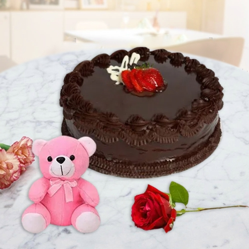 Ravishing Red Rose with Teddy N Chocolate Cake