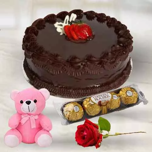Radiant Red Rose with Chocolate Cake Ferrero Rocher N Teddy