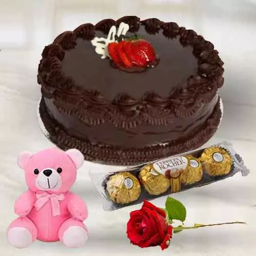 Order Red Rose with Chocolate Cake, Ferrero Rocher N Teddy 