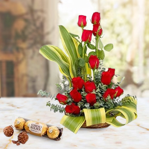 Attention Getting Red Roses Arrangement with Ferrero Rocher