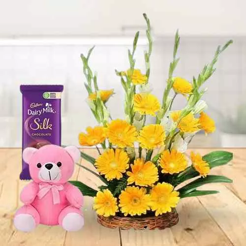 Radiant Yellow Gerberas Arrangement with Teddy N Cadbury Silk