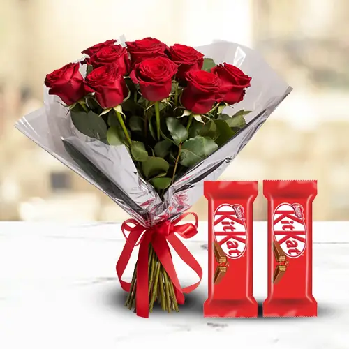 Yummy Nestle Kit Kat with Radiant Red Roses Bouquet