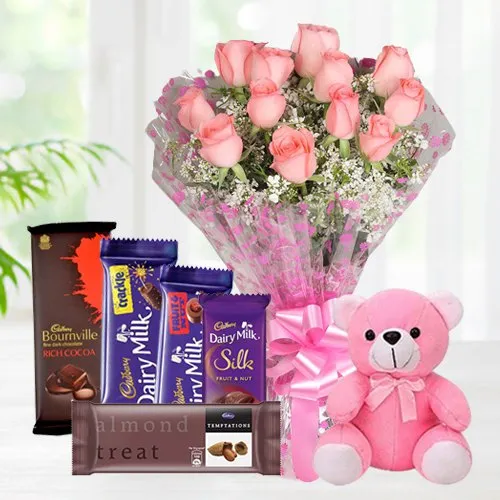 Radiant Pink Roses Bouquet with Teddy N Assorted Cadbury Chocolates