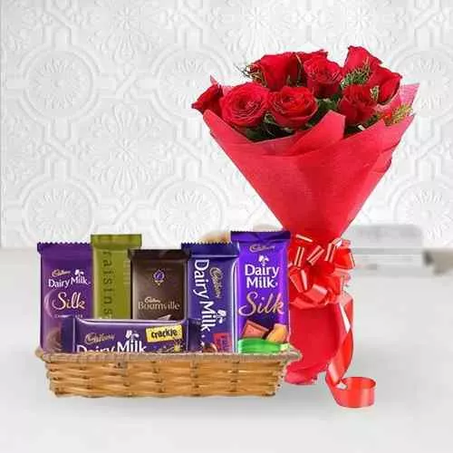 Order Basket of Cadbury Chocolates with Red Roses Bouquet