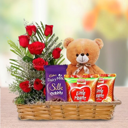Deliver Basket of Love Gifts N Red Roses