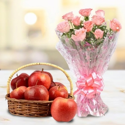 Deliver Apples in Basket with Pink Rose Bouquet