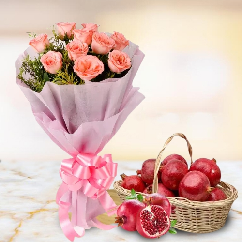 Lovely Pink Roses Bouquet with Pomegranates in Basket