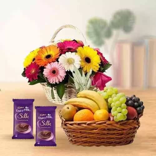 Deliver Gerberas Arrangement with Mixed Fruits Basket and Dairy Milk Silk