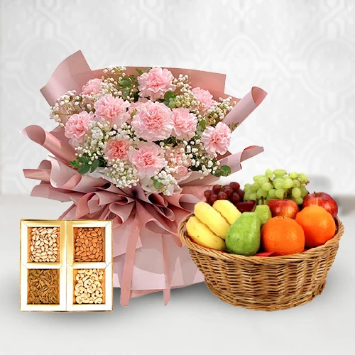 Classically Styled Fresh Fruits Basket with Top Quality Mixed Dry Fruits and Pink Carnations Basket