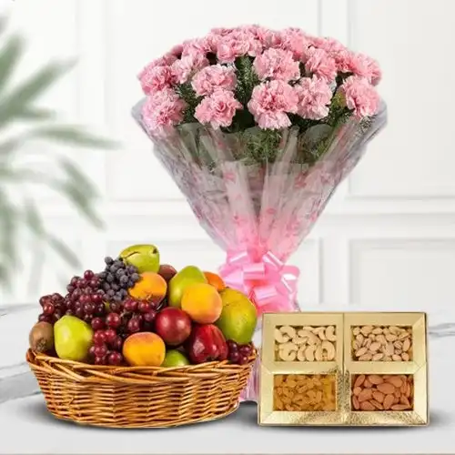 Classically Styled Fresh Fruits Basket with Top Quality Mixed Dry Fruits and Pink Carnations Basket