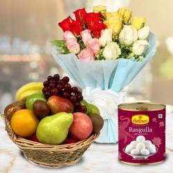 Delicious Pack of Haldirams Rasgulla with Fruits Basket and Roses Bouquet