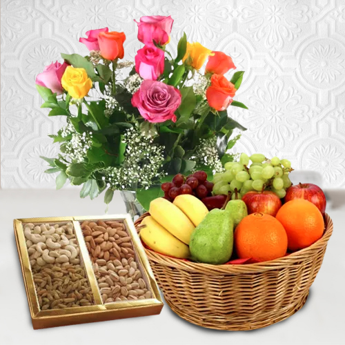 Combo of Assorted Fruits Basket with Dry Fruits N Flowers Arrangement